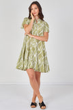 8Pcs Sage Leaf Pattern Print Tiered Mini Dress