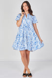 8Pcs Sky Blue Leaf Print Tiered Mini Dress