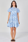 8Pcs Sky Blue Leaf Print Tiered Mini Dress