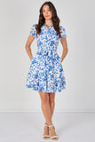 8Pcs White and Blue Floral Print Short Sleeve Shirt Dress