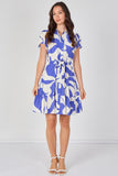 8Pcs Blue Abstract Print Short Sleeve Shirt Dress