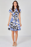 8Pcs Blue and Navy Abstract Print Short Sleeve Shirt Dress