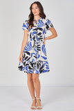 8Pcs Blue and Navy Abstract Print Short Sleeve Shirt Dress