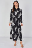 8Pcs Black and White Floral Belted Maxi Shirt Dress