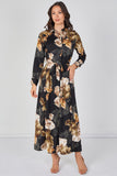8Pcs Black Iris Floral Belted Maxi Shirt Dress