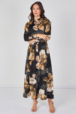 8Pcs Black Iris Floral Belted Maxi Shirt Dress