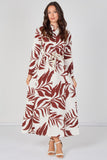 8Pcs Rust Palm Print Belted Maxi Shirt Dress