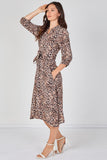 8Pcs Beige Leopard Print Quarter Sleeve Tie Waist Midi Dress