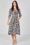 8Pcs Black Tropical Print Quarter Sleeve Tie Waist Midi Dress