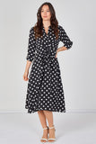 8Pcs Black Polka Dot Quarter Sleeve Tie Waist Midi Dress