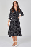 8Pcs Black Mini Polka Dot Quarter Sleeve Tie Waist Midi Dress