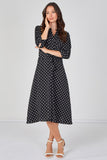 8Pcs Black Mini Polka Dot Quarter Sleeve Tie Waist Midi Dress