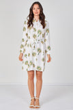 6Pcs White Floral Print Long Sleeve Mini Shirt Dress