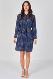 6Pcs Navy Floral Print Long Sleeve Mini Shirt Dress