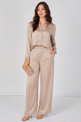 8Pcs Beige Satin Shirt & Straight Leg Trousers Co-Ord Set