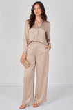 8Pcs Beige Satin Shirt & Straight Leg Trousers Co-Ord Set