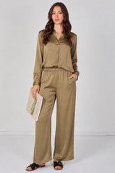 8Pcs Olive Satin Shirt & Straight Leg Trousers Co-Ord Set
