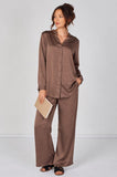 8Pcs Mocha Satin Shirt & Straight Leg Trousers Co-Ord Set