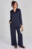 8Pcs Navy Satin Shirt & Straight Leg Trousers Co-Ord Set