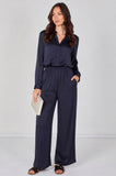 8Pcs Navy Satin Shirt & Straight Leg Trousers Co-Ord Set