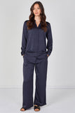 8Pcs Navy Satin Shirt & Straight Leg Trousers Co-Ord Set