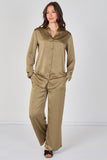 8Pcs Olive Satin Shirt & Straight Leg Trousers Co-Ord Set