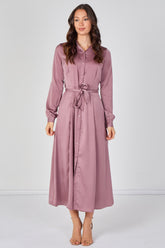Love Sunshine Dusty Rose Velvety Satin Belted Maxi Shirt Dress Brunch Dress Casual Dress DB Dress with Pockets Dresses Everyday Dress Garden Party Dress Holiday Dress Long Sleeve Dress LS-2443L Plain Dress Wedding Guest Dress
