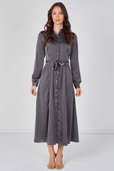 Love Sunshine Slate Grey Velvety Satin Belted Maxi Shirt Dress Brunch Dress Casual Dress DB Dress with Pockets Dresses Everyday Dress Garden Party Dress Holiday Dress Long Sleeve Dress LS-2443L Plain Dress Wedding Guest Dress