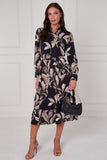 8Pcs Black Botanical Print Midi Shirt Dress
