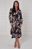 8Pcs Black Botanical Print Midi Shirt Dress