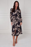 8Pcs Black Botanical Print Midi Shirt Dress