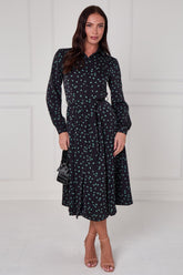 8Pcs Black Teal Abstract Petal Print Midi Shirt Dress
