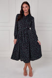 8Pcs Black Teal Abstract Petal Print Midi Shirt Dress