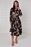 8Pcs Black Mocha Statement Floral Midi Shirt Dress
