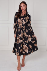 8Pcs Black Mocha Statement Floral Midi Shirt Dress