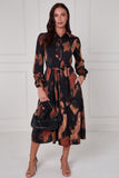 8Pcs Brown Abstract Print Midi Shirt Dress