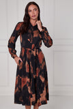 8Pcs Brown Abstract Print Midi Shirt Dress