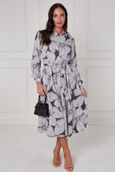 8Pcs Taupe Oversized Floral Line Print Midi Shirt Dress