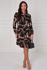 8Pcs Black and Cocoa Abstract Swirl Print Mini Shirt Dress