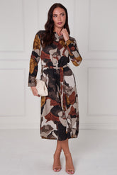 8Pcs Rust and Earth Abstract Flow Print Midi Shirt Dress