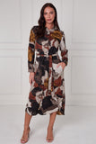 8Pcs Rust and Earth Abstract Flow Print Midi Shirt Dress