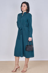 8Pcs Teal Plain Belted Midi Shirt Dress