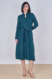 8Pcs Teal Plain Belted Midi Shirt Dress