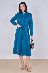 8Pcs Peacock Blue Plain Belted Midi Shirt Dress