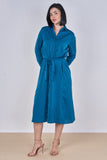 8Pcs Peacock Blue Plain Belted Midi Shirt Dress