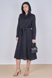 8Pcs Black Plain Belted Midi Shirt Dress