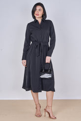 8Pcs Black Plain Belted Midi Shirt Dress