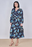 8Pcs Blue Rose Floral Print Belted Crossover Midi Dress
