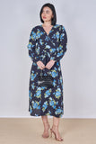 8Pcs Blue Rose Floral Print Belted Crossover Midi Dress
