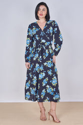 8Pcs Blue Rose Floral Print Belted Crossover Midi Dress
